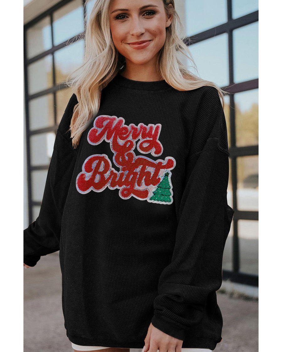 Black Merry & Bright Christmas Tree Pattern Corded Baggy Sweatshirt - 3XL