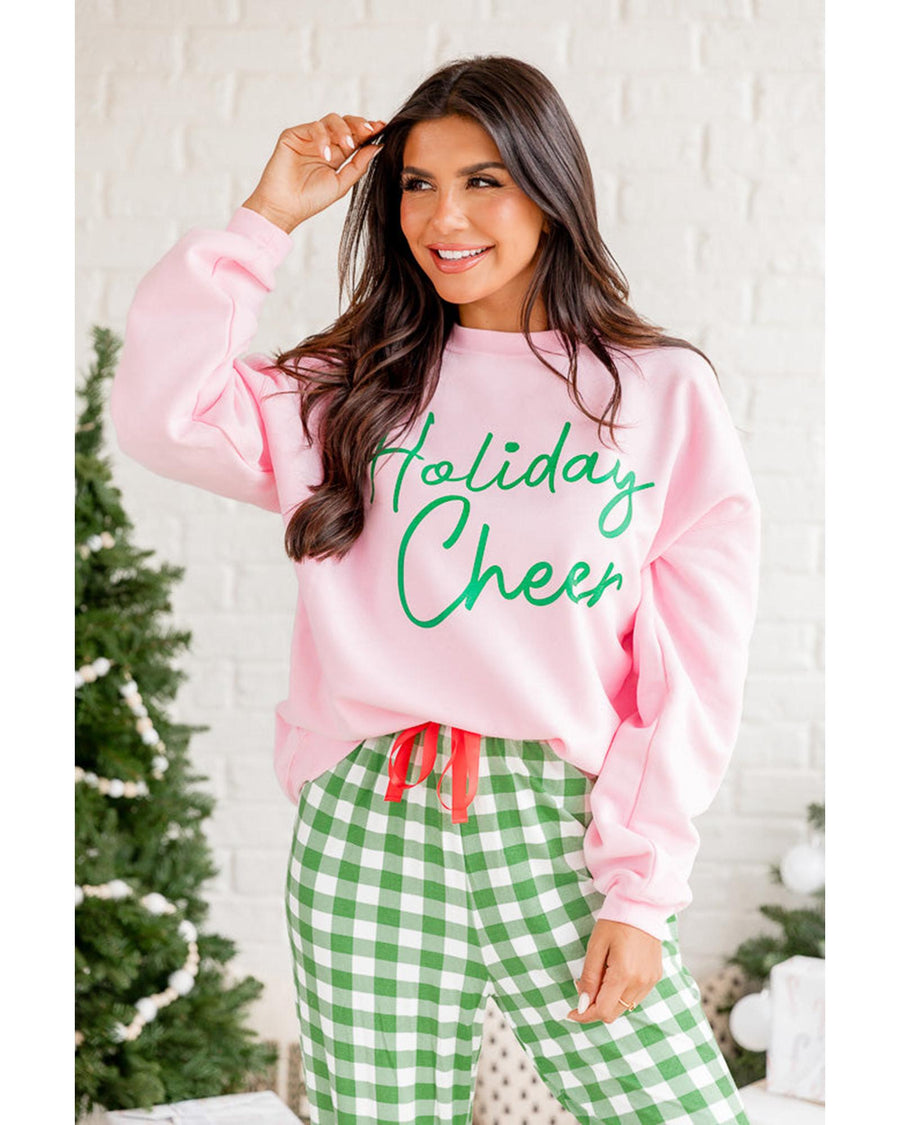 Pink Holiday Cheer Letter Graphic Christmas Slogan Sweatshirt - S