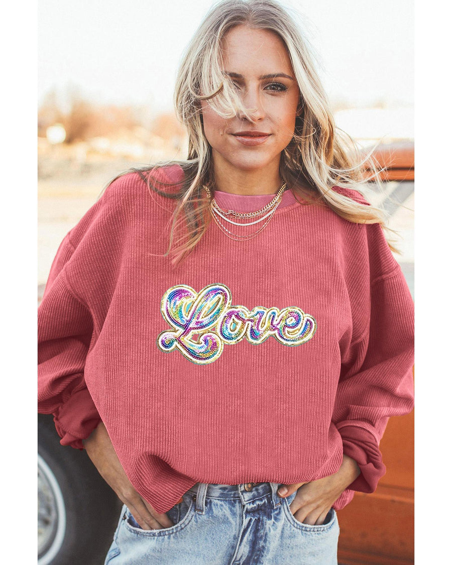Strawberry Pink Sequin Love Graphic Drop Shoulder Corded Valentines Sweatshirt - XL
