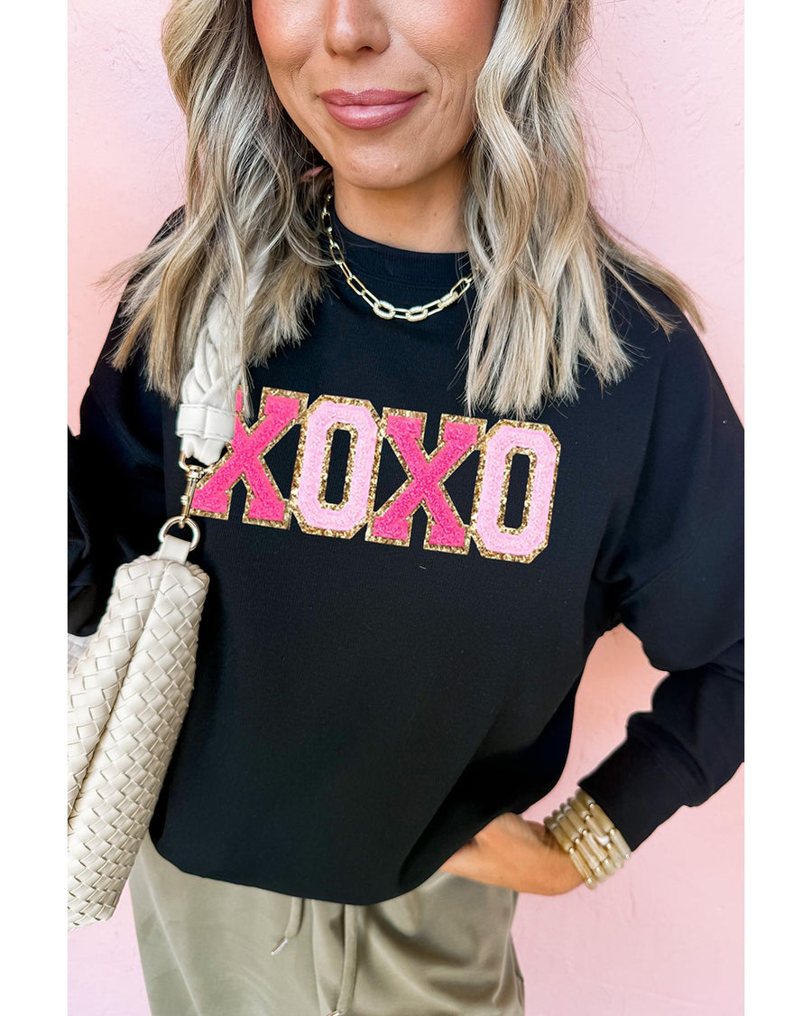 Black Chenille XOXO Patched Drop Shoulder Valentines Pullover Sweatshirt - XL