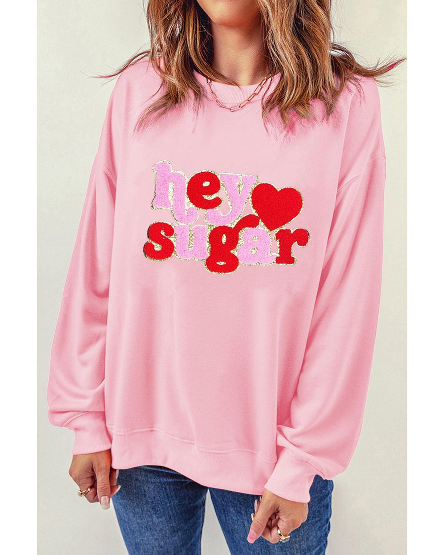 Pink Chenille Heart hey sugar Patched Pattern Valentines Pullover Sweatshirt - 2XL
