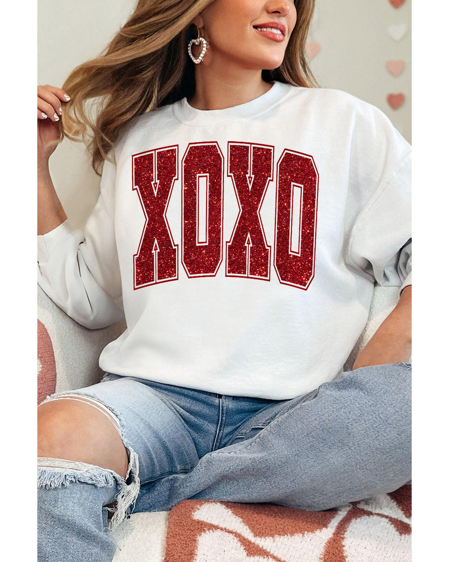 White Glitter XOXO Graphic Crewneck Valentines Pullover Sweatshirt - XL