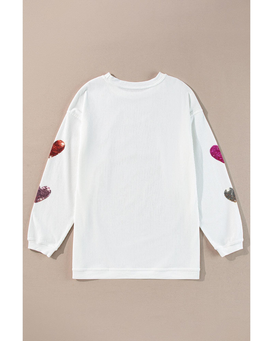 White Valentines Heart Patched Pattern Corded Pullover Sweatshirt - M