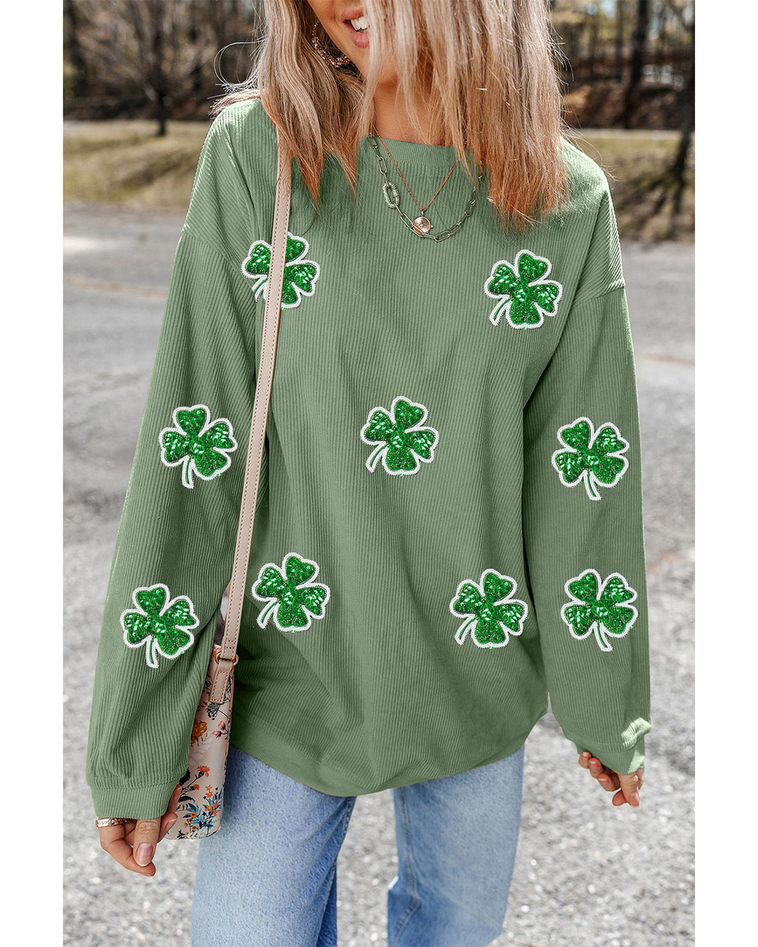 Grass Green Ribbed Four Leaf Clover Graphic St. Patricks Pullover Sweatshirt - S