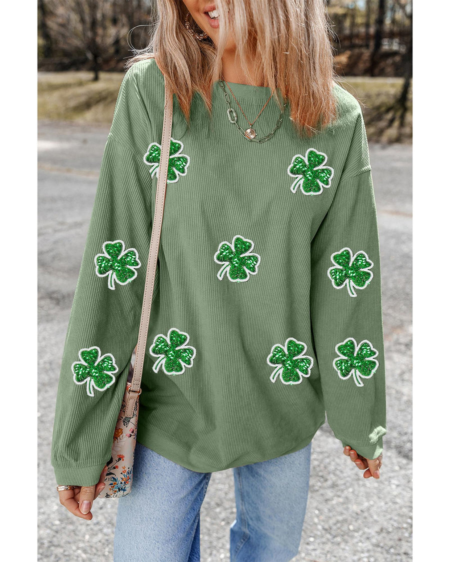 Grass Green Ribbed Four Leaf Clover Graphic St. Patricks Pullover Sweatshirt - S
