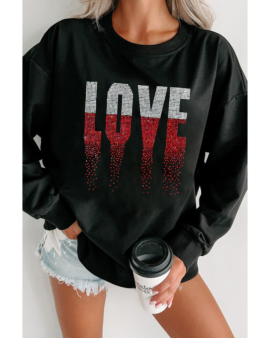 Black Rhinestone LOVE Graphic Crewneck Valentines Sweatshirt - M