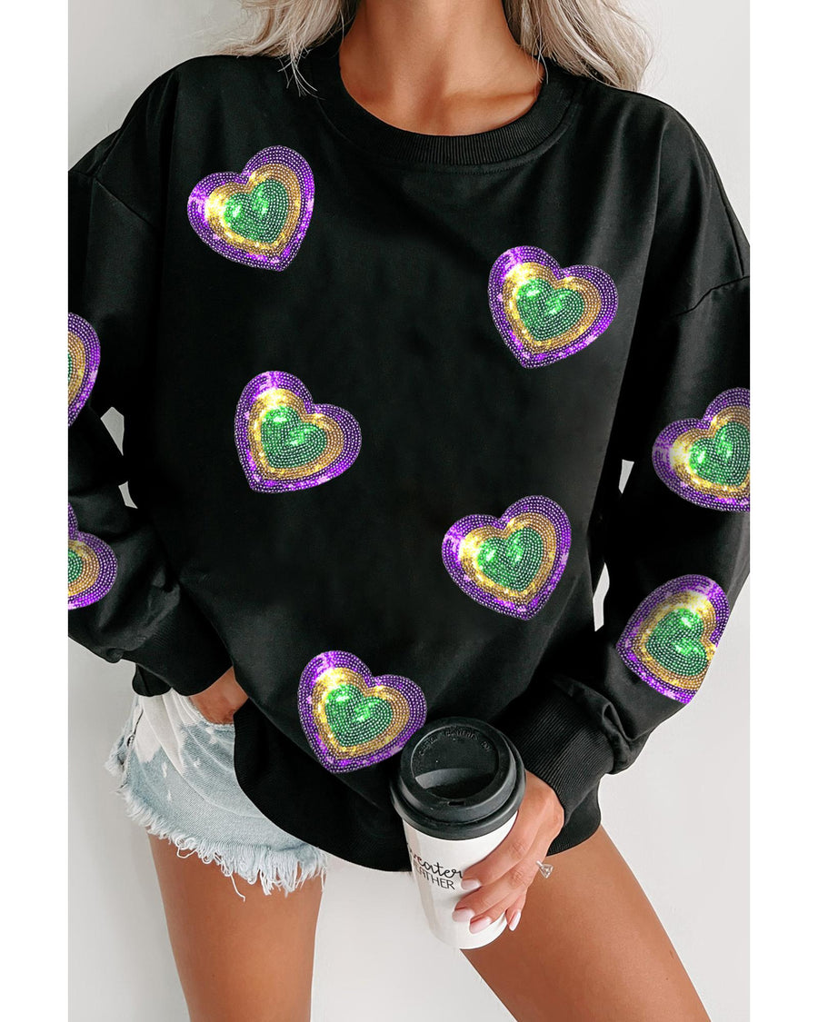 Black Mardi Gras Heart Print Crew Neck Sweatshirt - S