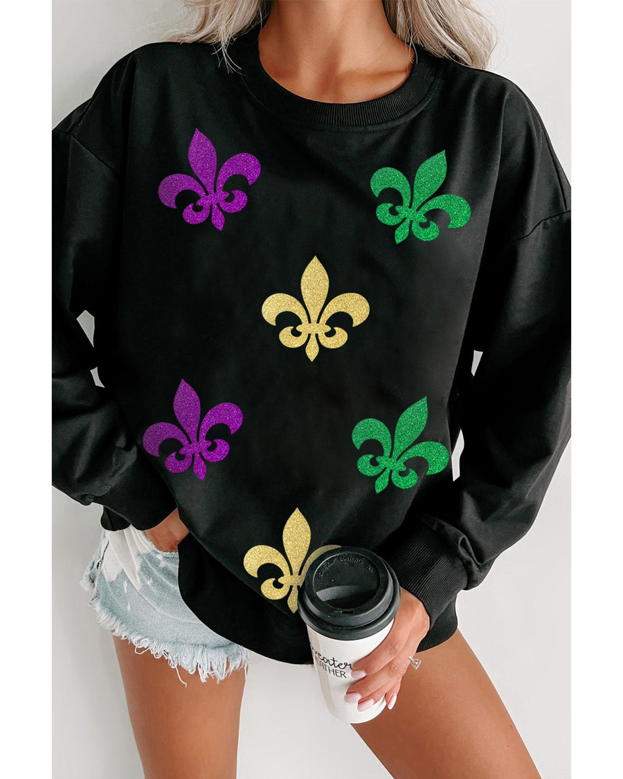 Black Mardi Gras Fleur de Lis Graphic Round Neck Pullover Sweatshirt - S
