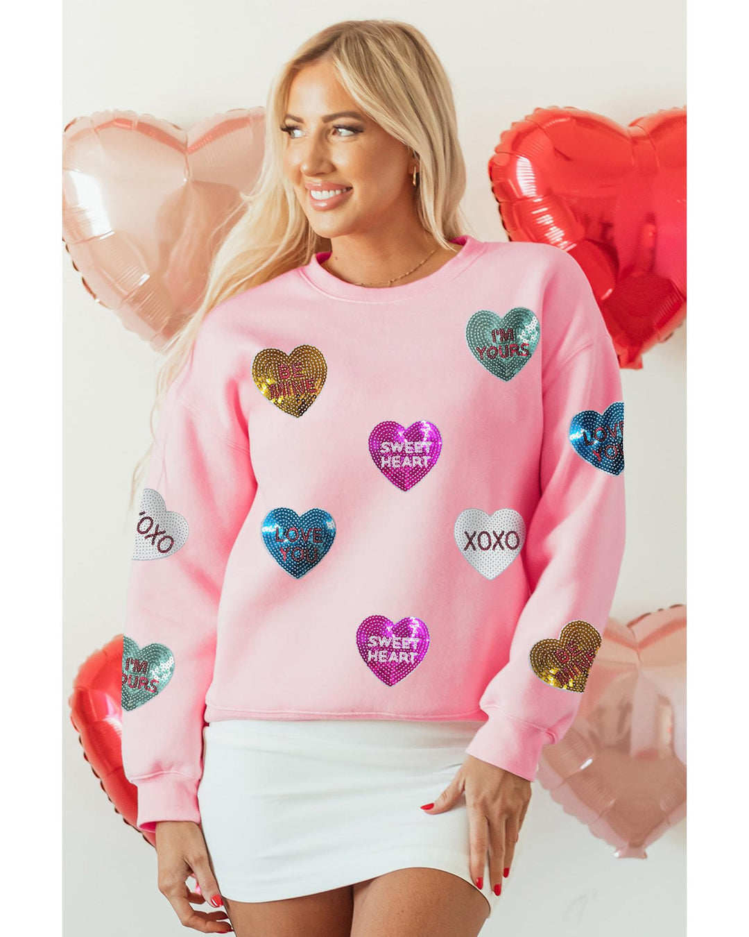 Pink Sequin Romantic Letters Heart Graphic Valentines Sweatshirt - XL