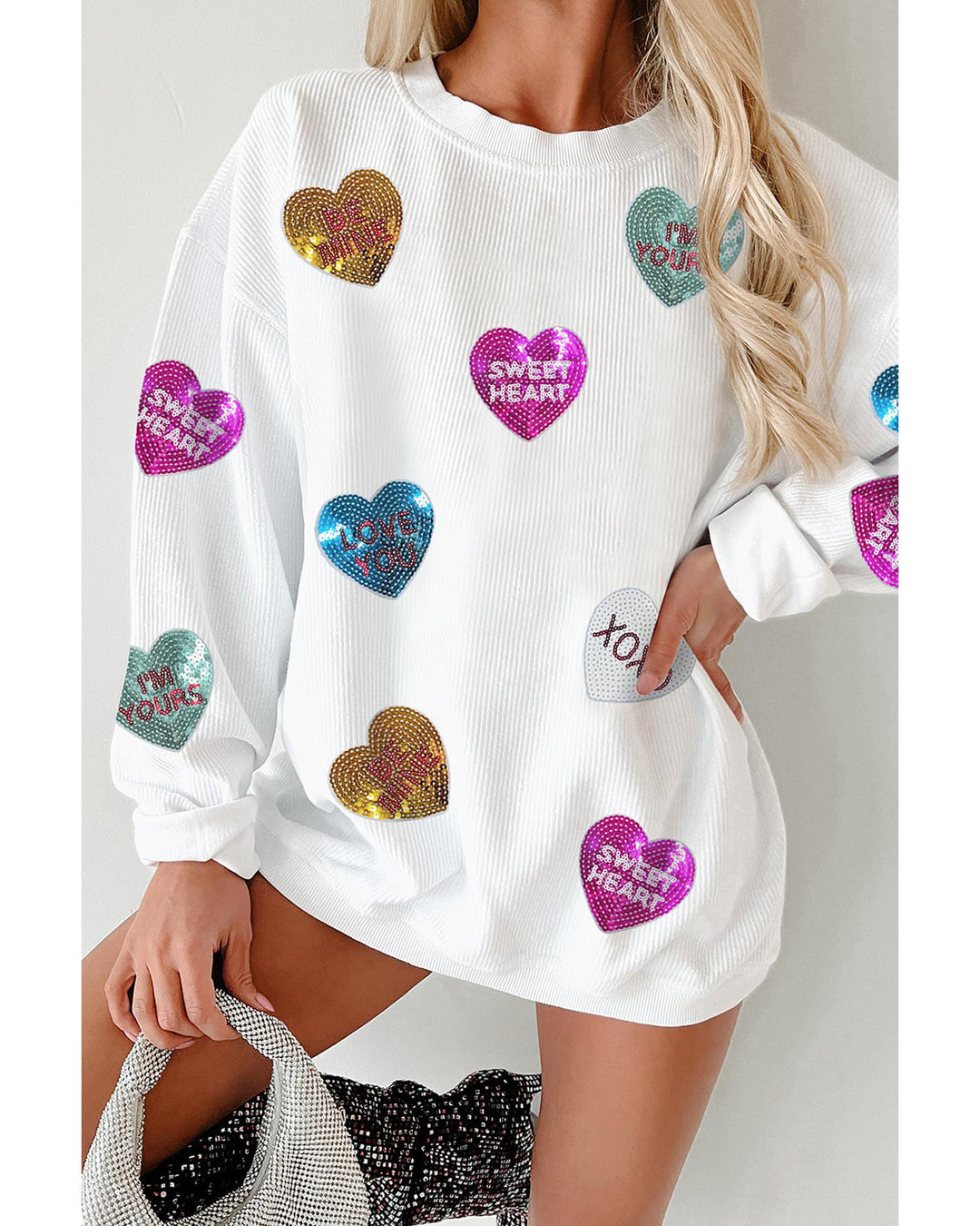 White Valentines Slogan Heart Sequin Corded Baggy Sweatshirt - M