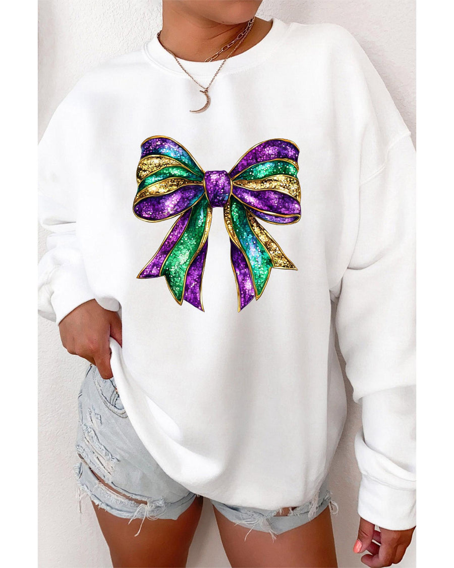 White Mardi Gras Bow Graphic Drop Shoulder Sweatshirt - 2XL