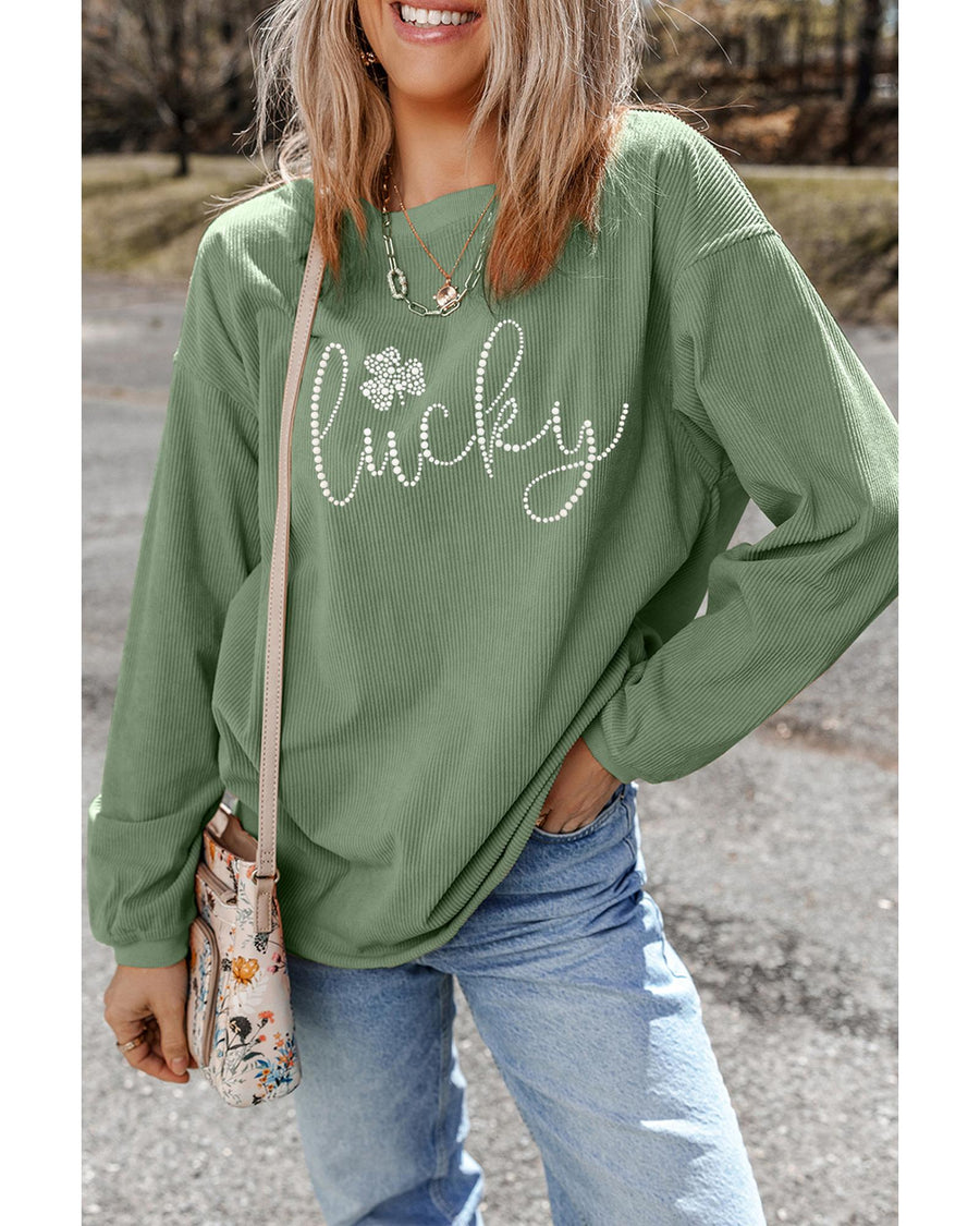 Grass Green Rhinestone lucky Clover Graphic Ribbed St Patrick Sweatshirt - S