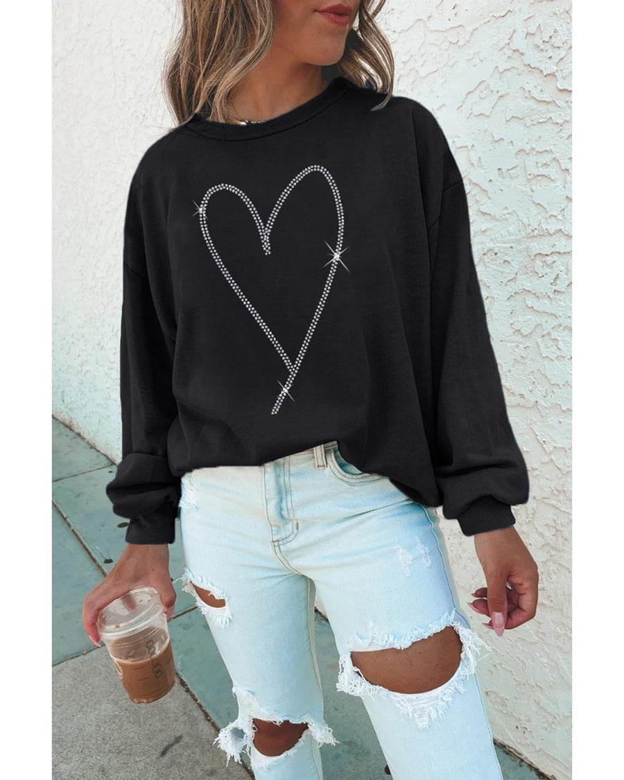 Black Rhinestone Heart Pattern Valentines Fashion Sweatshirt - XL