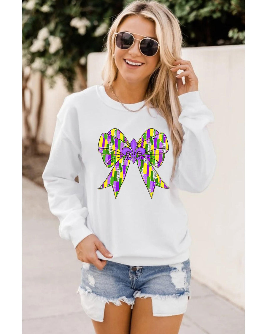 White Mardi Gras Bowknot Graphic Pullover Sweatshirt - M