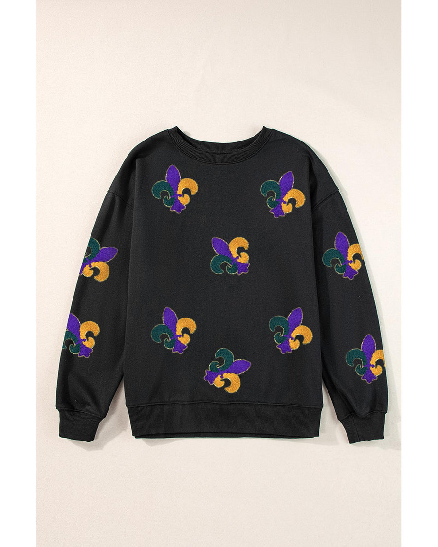 Black Mardi Gras Pattern Crew Neck Pullover Sweatshirt - XL