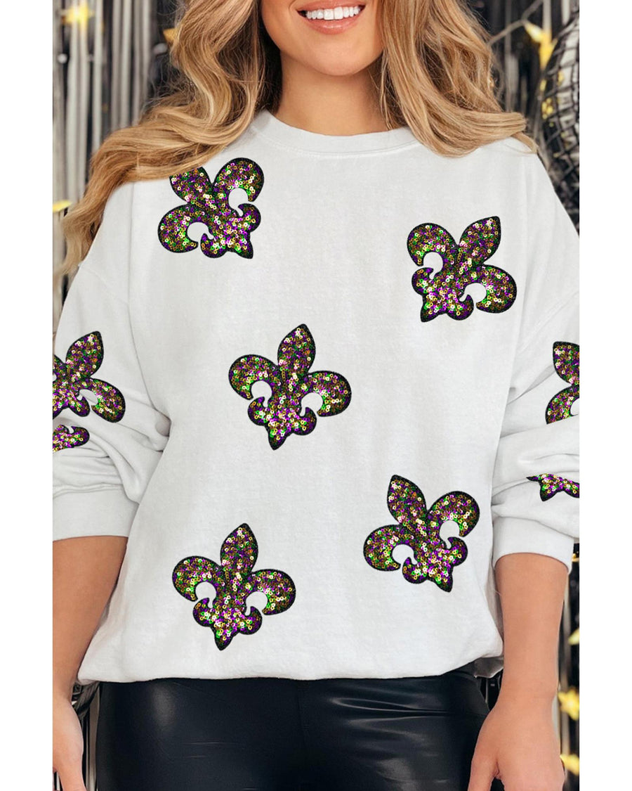 White Sequined Fleur De Lis Drop Shoulder Sweatshirt - XL