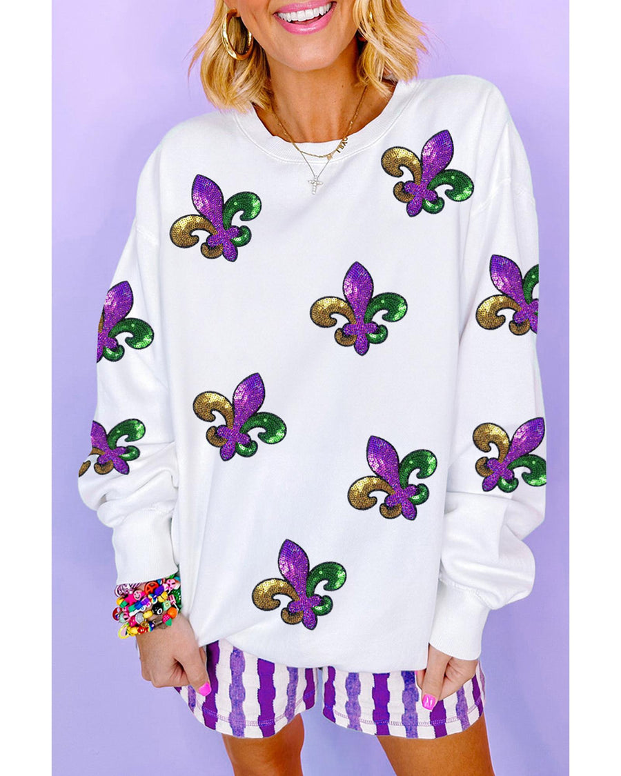 White Fleur De Lis Sequin Patched Graphic Drop Shoulder Sweatshirt - XL