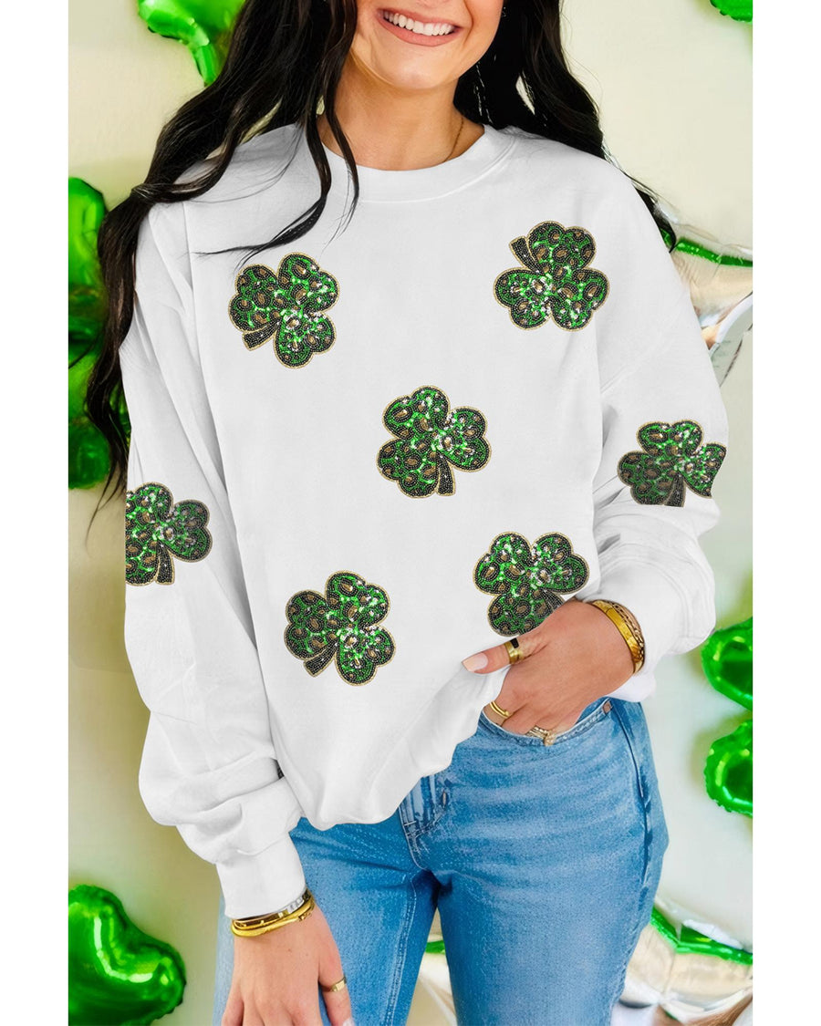White Sequin Clover Patched Pattern St Patrick Pullover Sweatshirt - S
