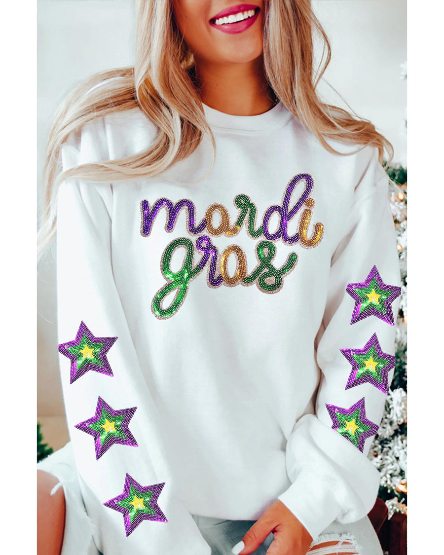 White Sequin mardi gras Graphic Star Sleeve Pullover Sweatshirt - 2XL