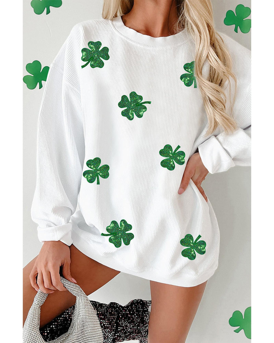 White Sequin Clover Patched Drop Shoulder Corded Sweatshirt - L