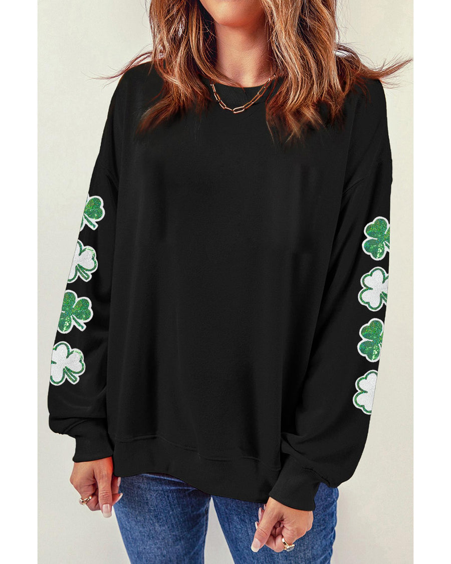 Black Sequin Clover Patched Drop Shoulder Sweatshirt - M