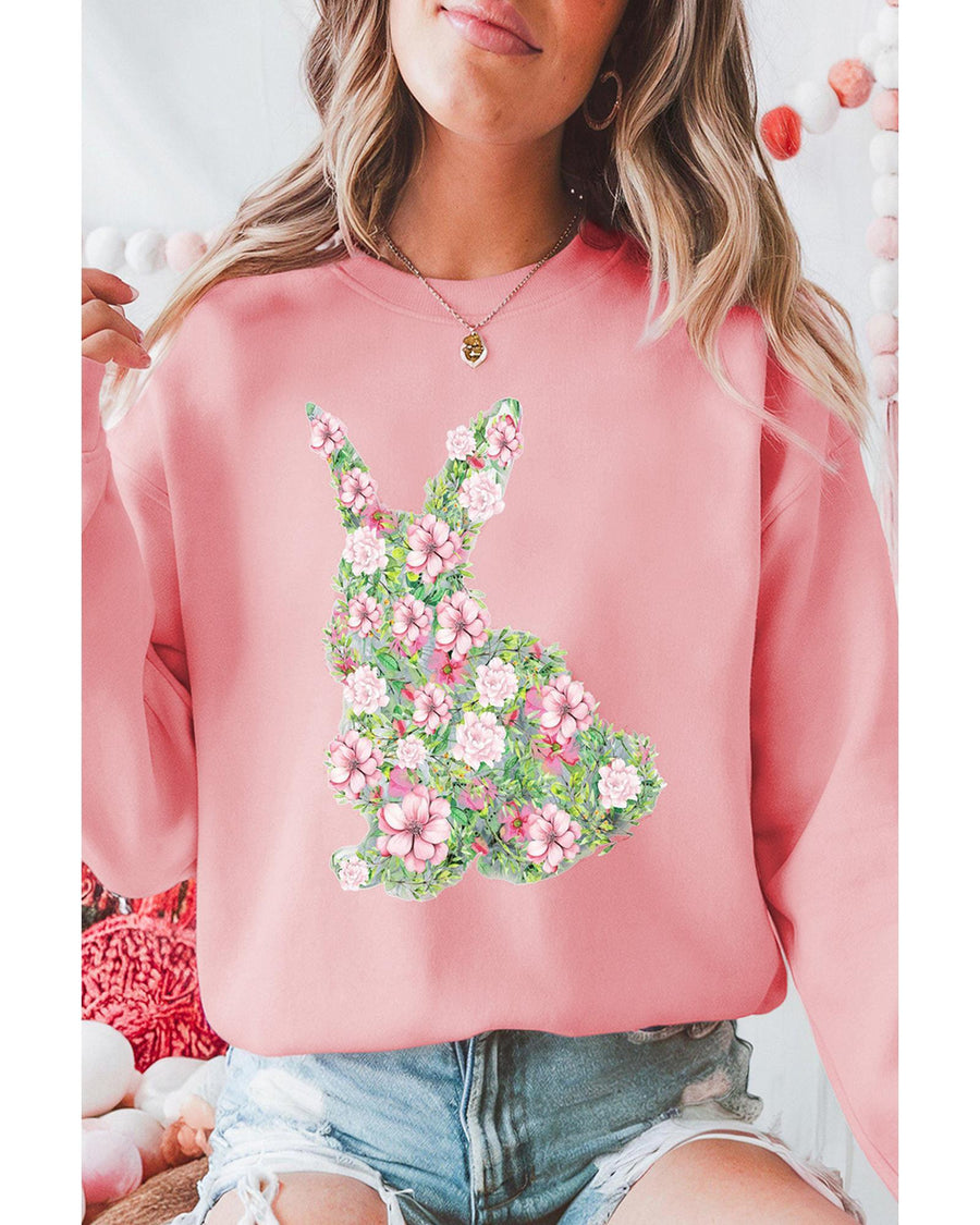 Pink Floral Bunny Printed Crewneck Easter Fashion Sweatshirt - 2XL