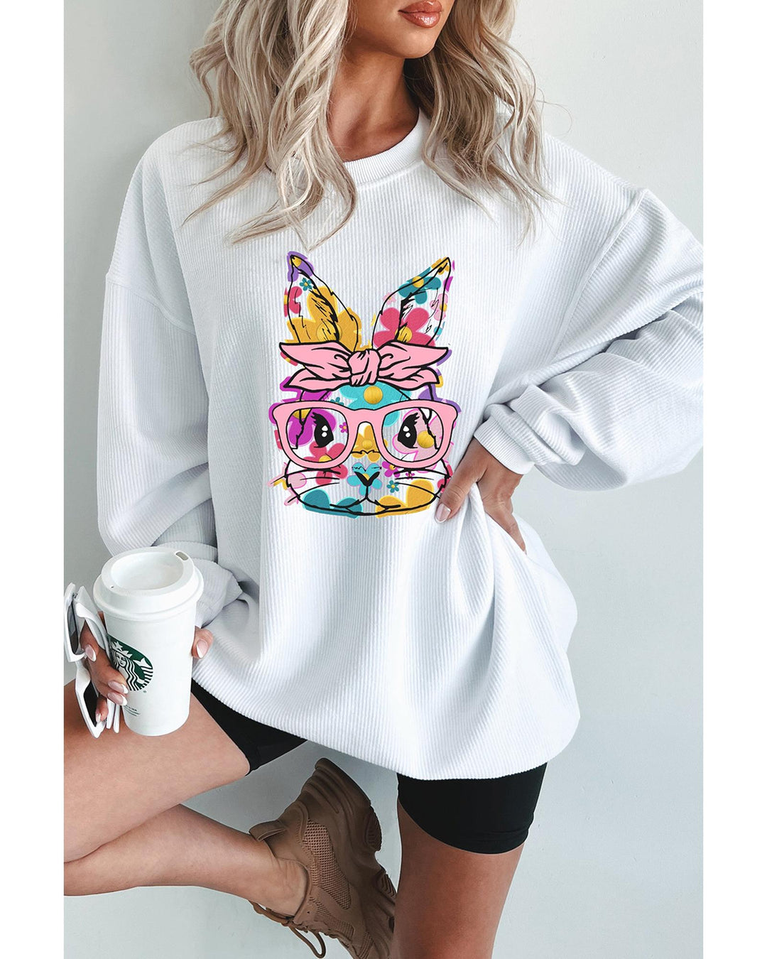 White Floral Rabbit with Glasses Graphic Corded Easter Sweatshirt - L