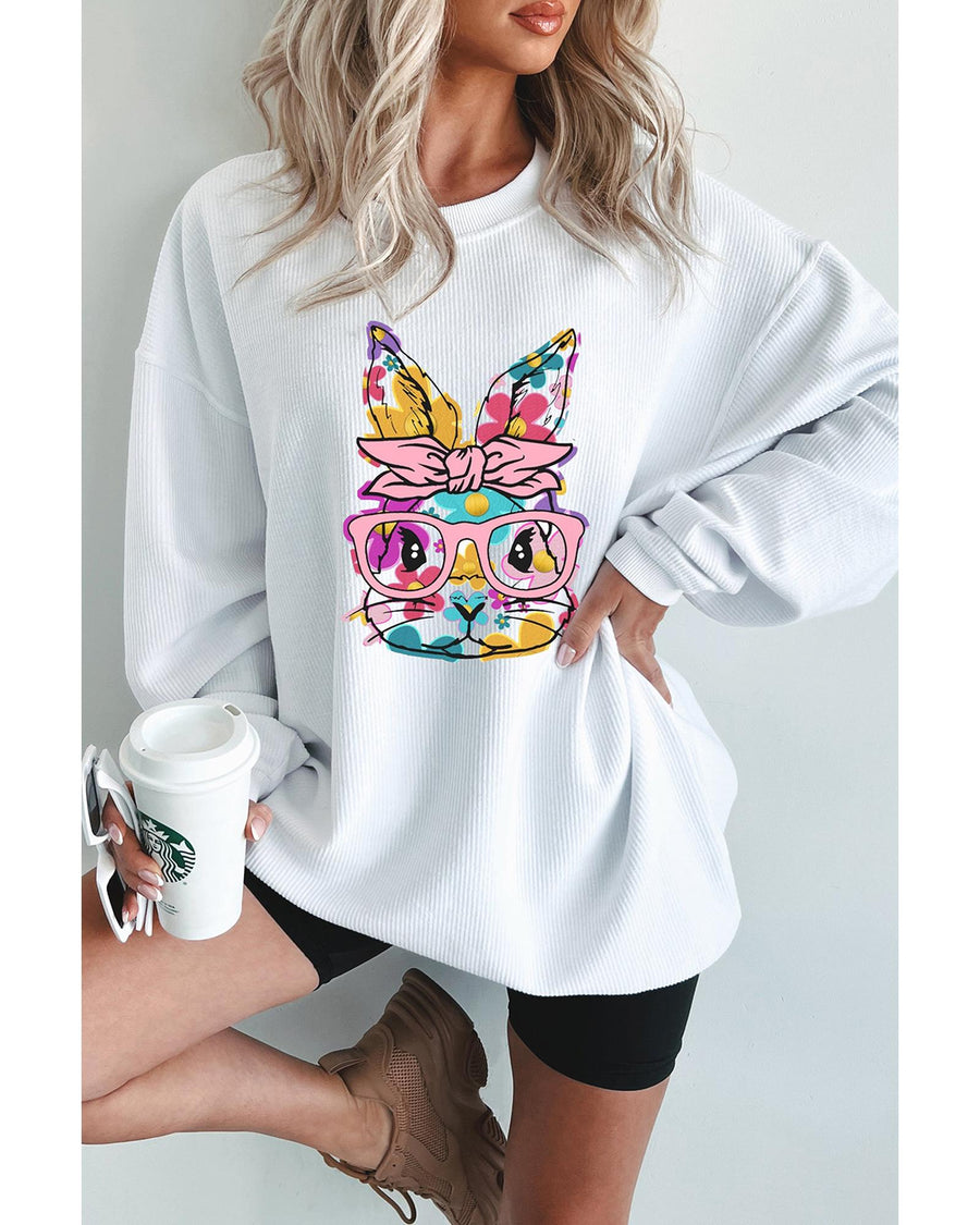 White Floral Rabbit with Glasses Graphic Corded Easter Sweatshirt - M