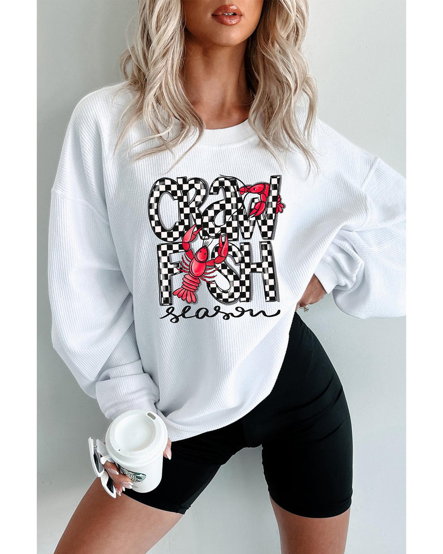 White Crawfish Season Checkered Letter Graphic Corded Sweatshirt - L