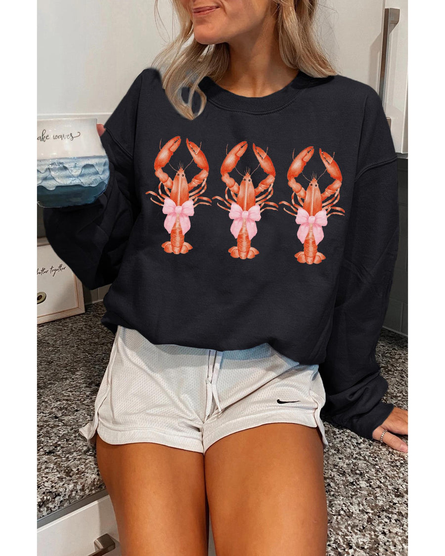 Black Cute Bow Crawfish Printed Drop Shoulder Sweatshirt - M
