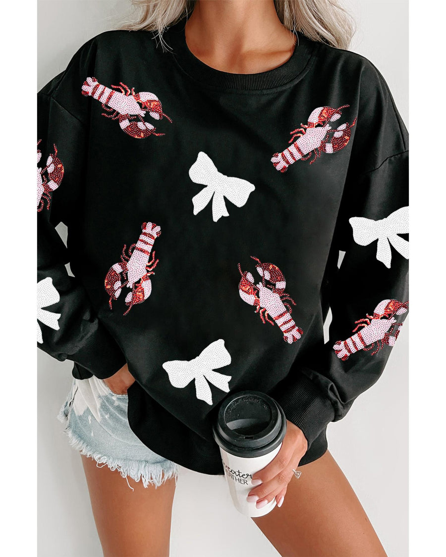 Black Crawfish Bow Sequin Patched Graphic Sweatshirt - L