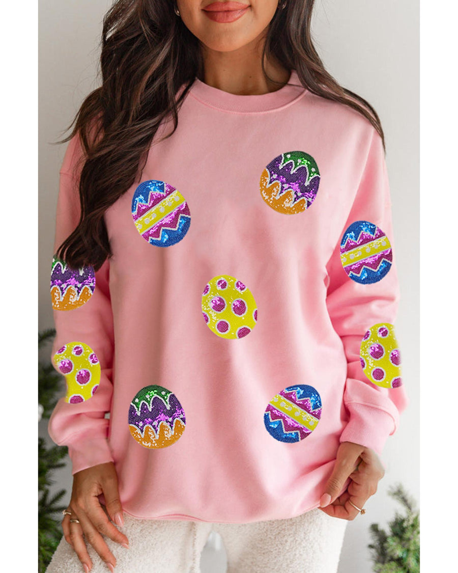 Pink Easter Egg Patched Graphic Drop Shoulder Pullover Sweatshirt - S
