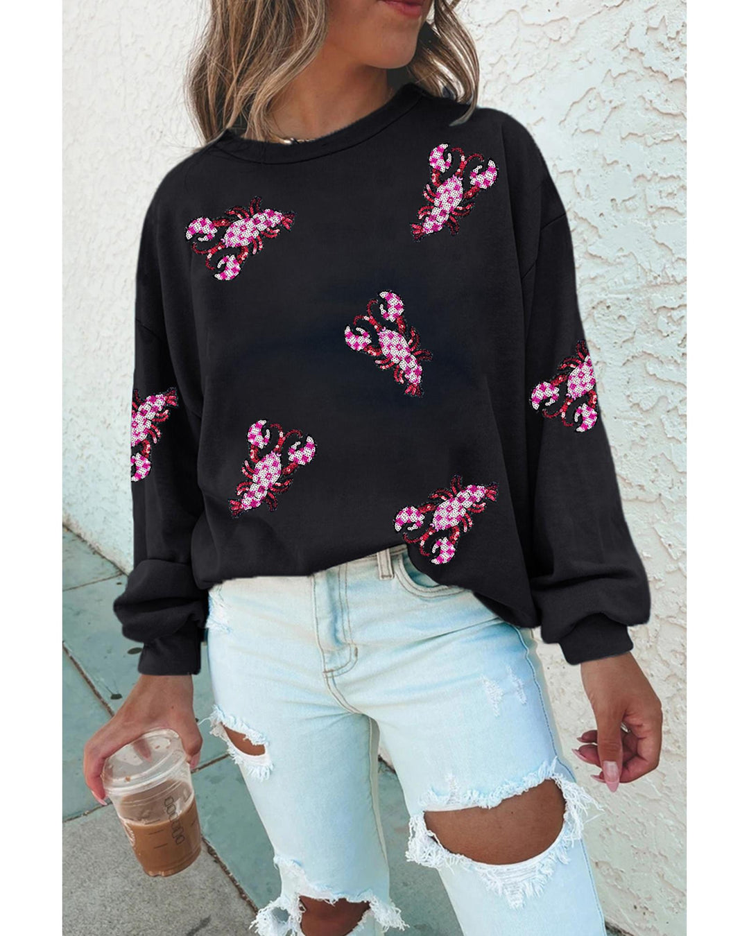Black Sequined Crawfish Graphic Drop Shoulder Sweatshirt - S