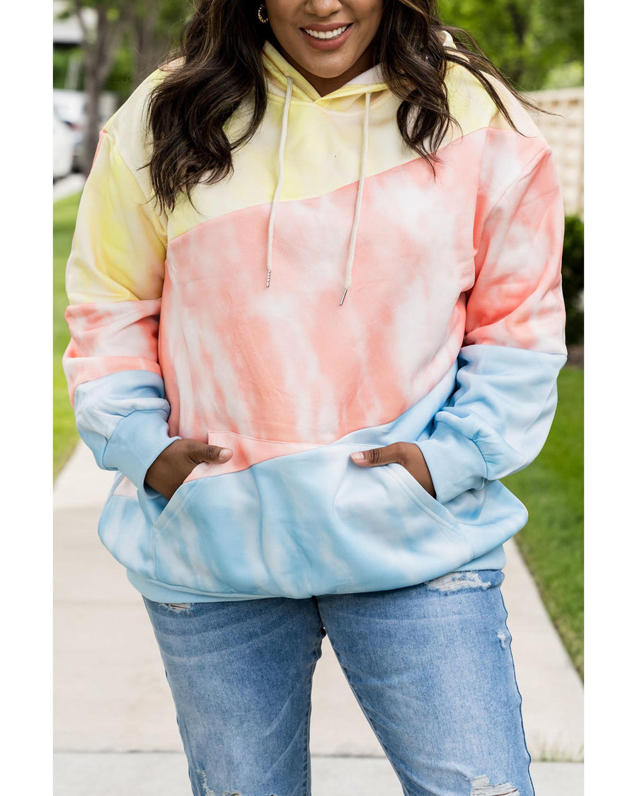 Sky Blue Colorblock Kangaroo Pocket Plus Size Hoodie - 4X