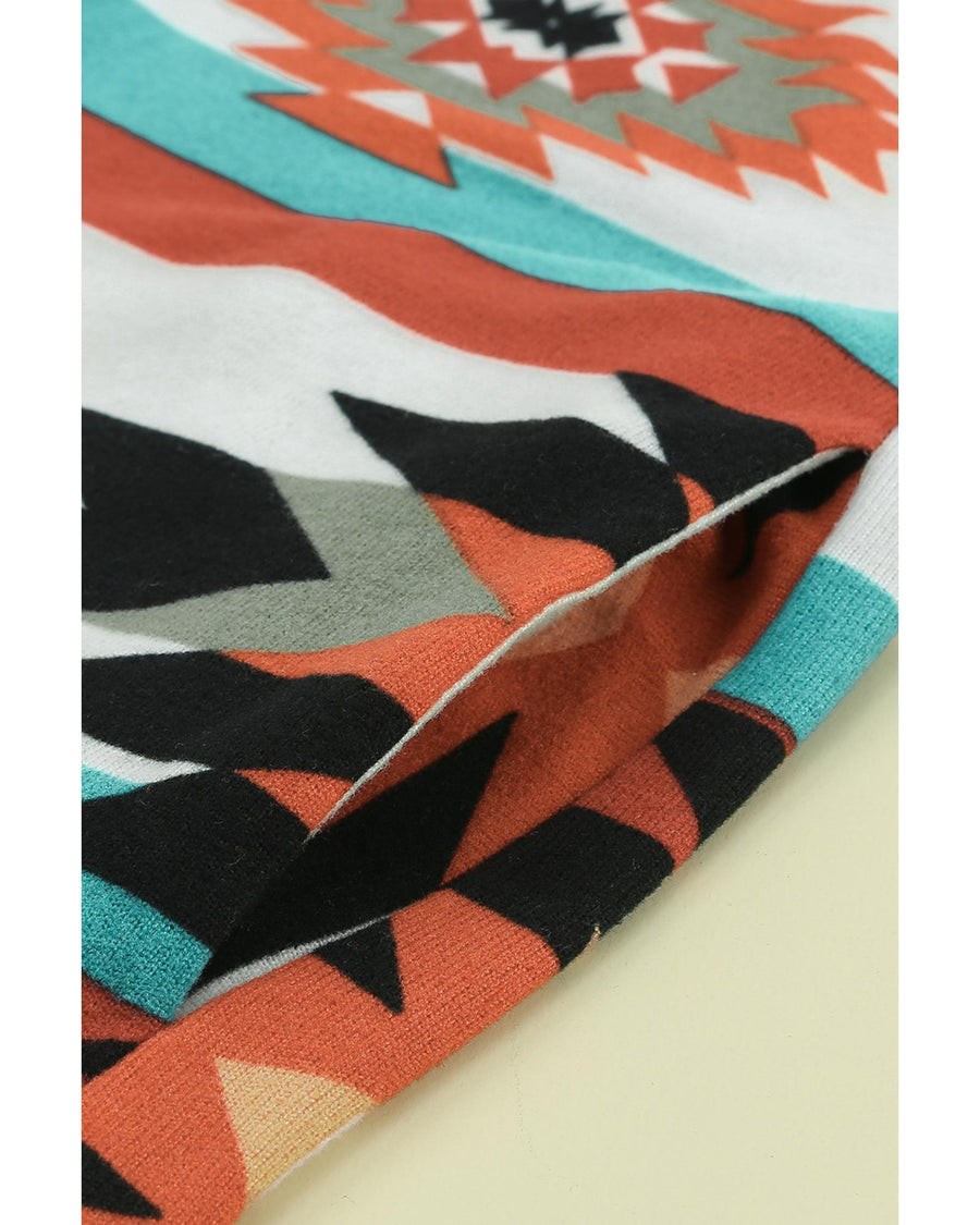 Multicolor Geometric Color Block Open Front Long Cardigan - L