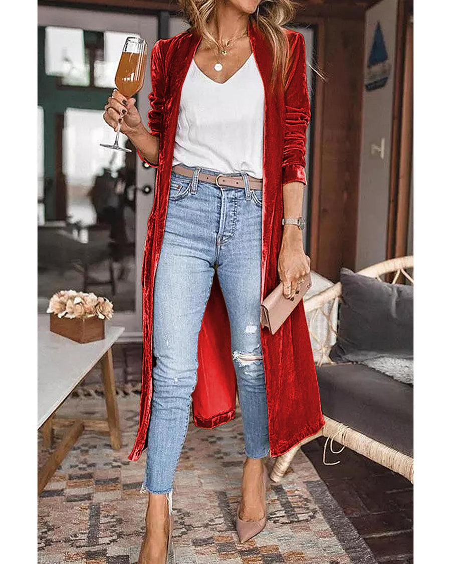 Red Velvet Open Front Pocketed Long Duster - M