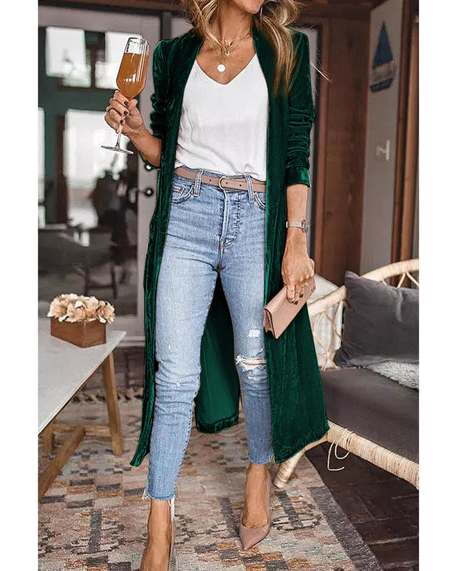 Green Velvet Open Front Pocketed Long Duster - 2XL