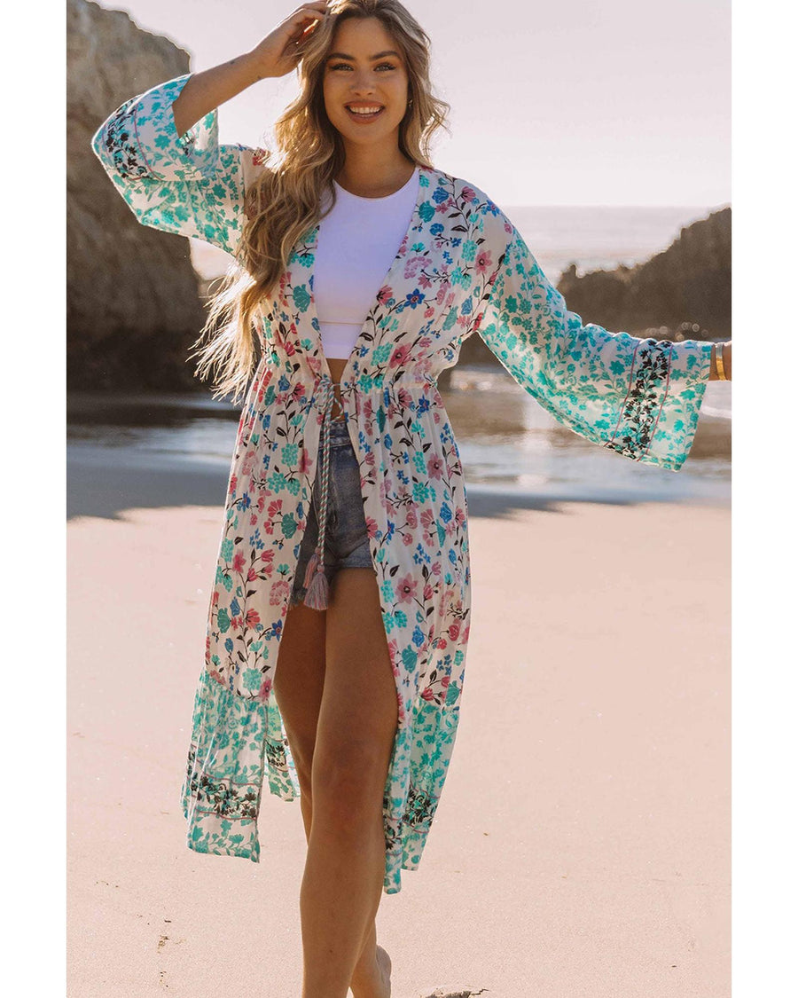 Multicolor Long Sleeve Tassel Tie Floral Kimono - S