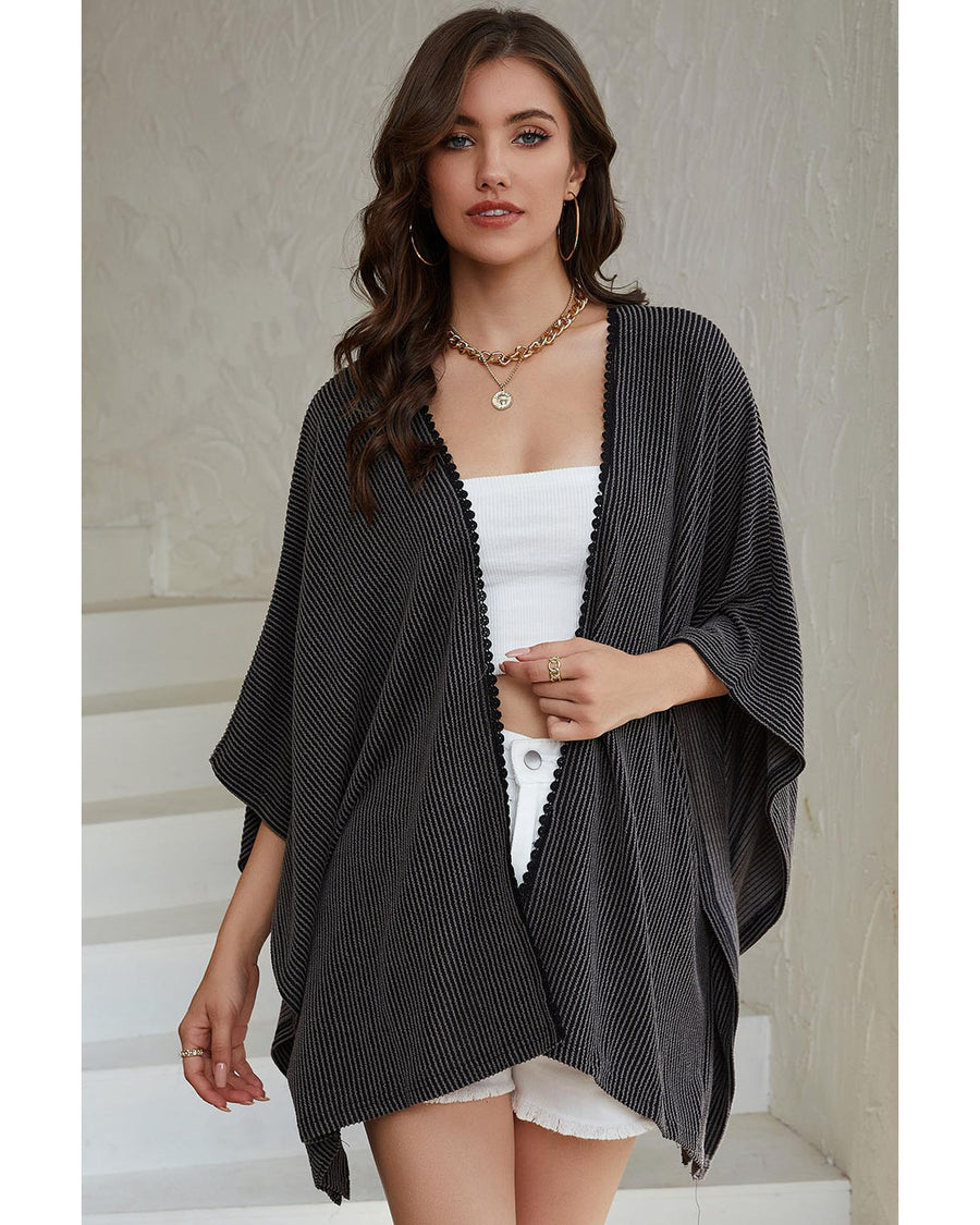 Black Lace Trim Ribbed Oversize Kimono - One Size