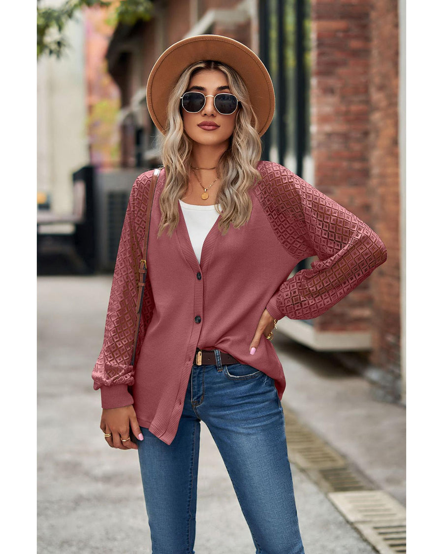 Azura Exchange Waffled Knit Lace Long Sleeve Buttoned Cardigan - M