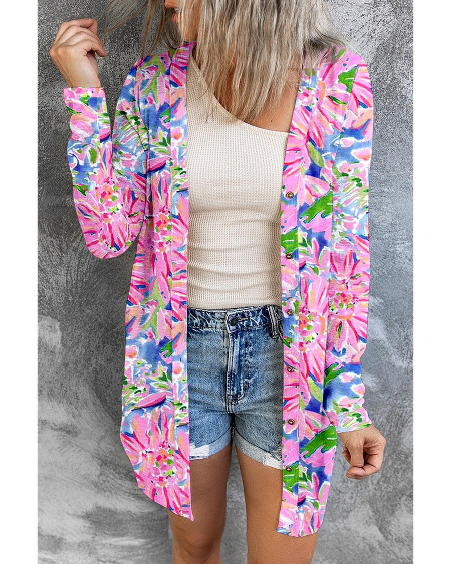 Pink Flower Print Long Sleeve Button Up Cardigan - M