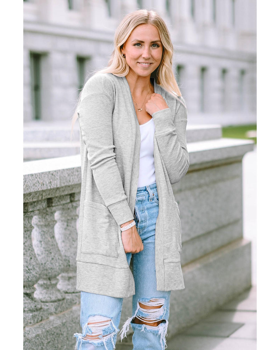 Beige Thermal Waffle Knit Pocketed Cardigan - M