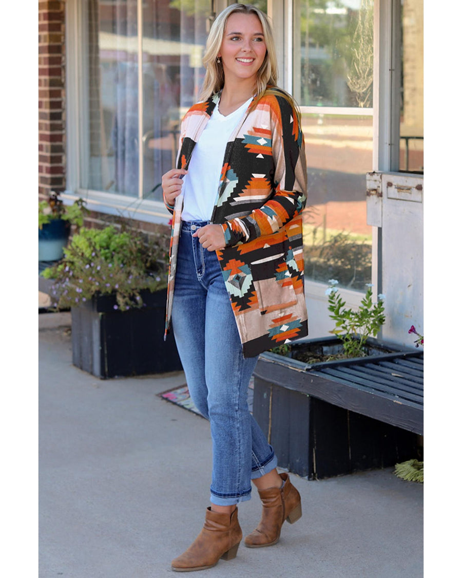 Orange Western Tribal Aztec Print Cardigan - S