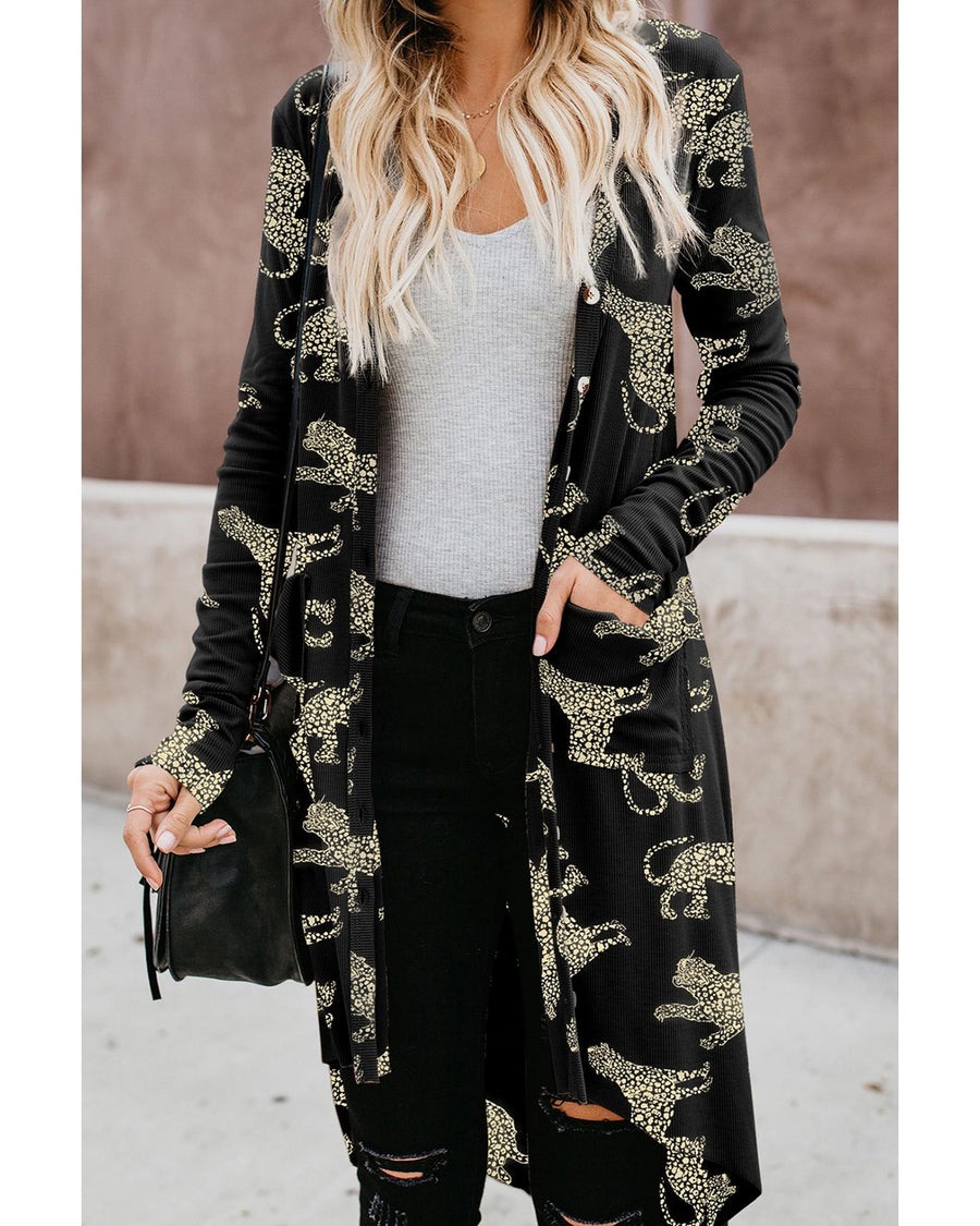 Black Printed Animal Print Ribbed Knit Cardigan - L