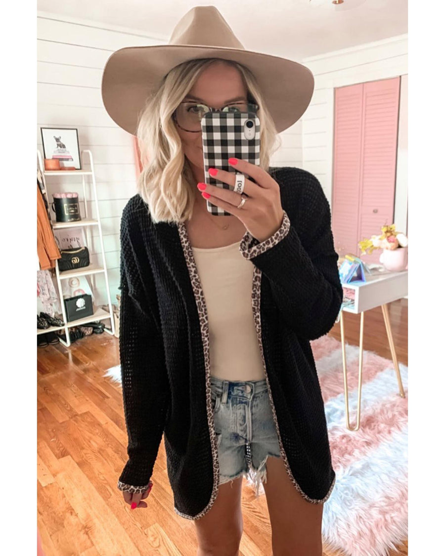 Black Leopard Contrast Waffle Knit Open Front Cardigan - S