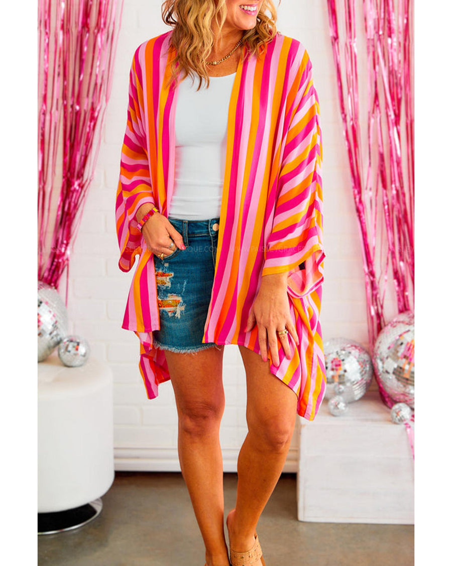 Rose Stripe Wide Sleeve Open Front Kimono - One Size