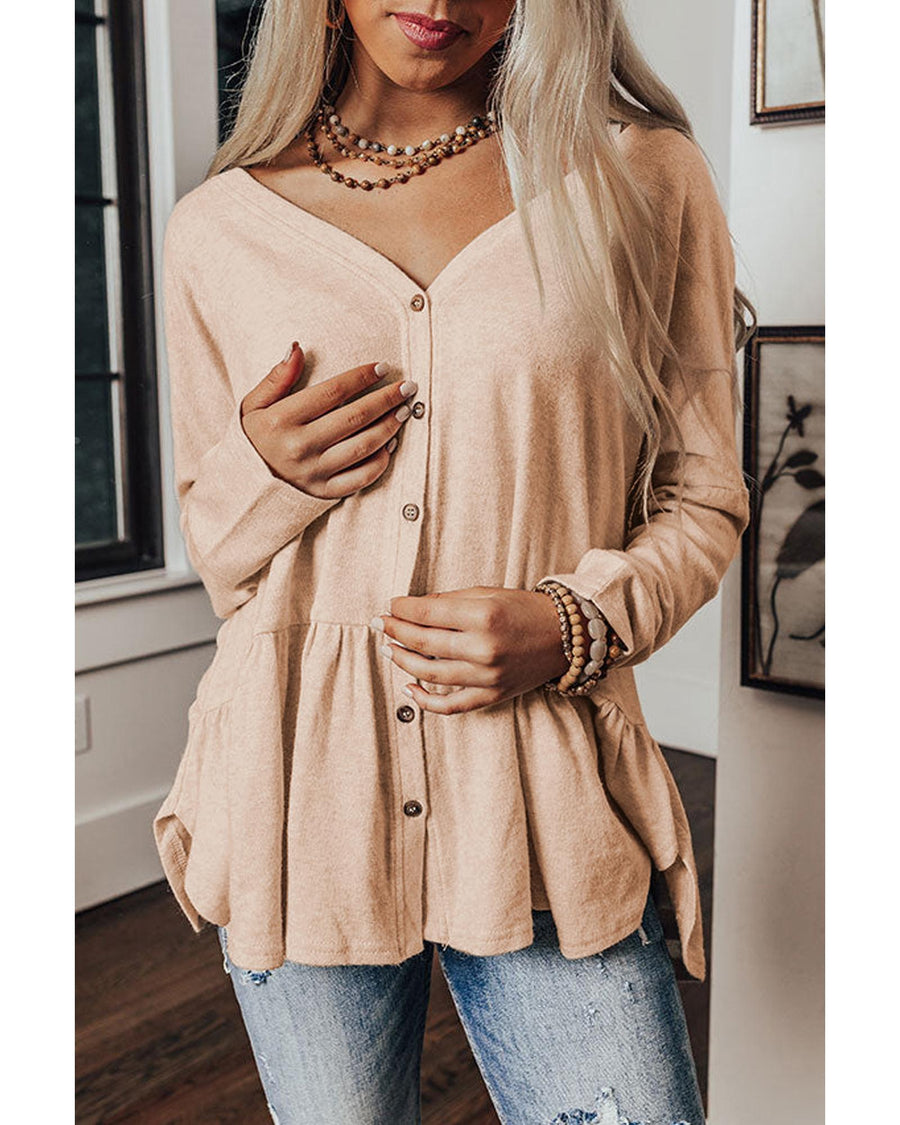 Jet Stream Ruffled V Neck Buttoned V Neck Shirt - M