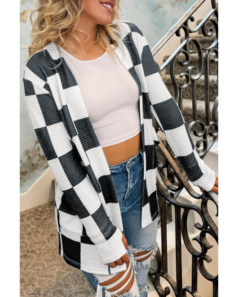 Black Checkered Waffle Knit Thumbhole Open Front Cardigan - S