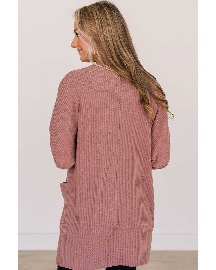 Mineral Red Solid Color Waffle Knit Cardigan with Pocket - M