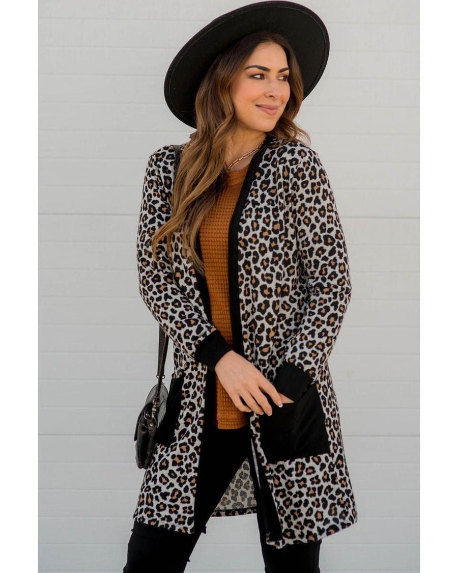 Black Leopard Patched Pocket Open Front Cardigan - M
